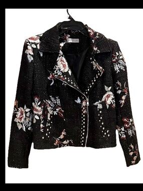 Bagatelle Black Shimmery Embroidered Roses Studded Jacket Blazer Size Medium